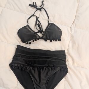 Elegant Black Pom-Pom Bikini Set